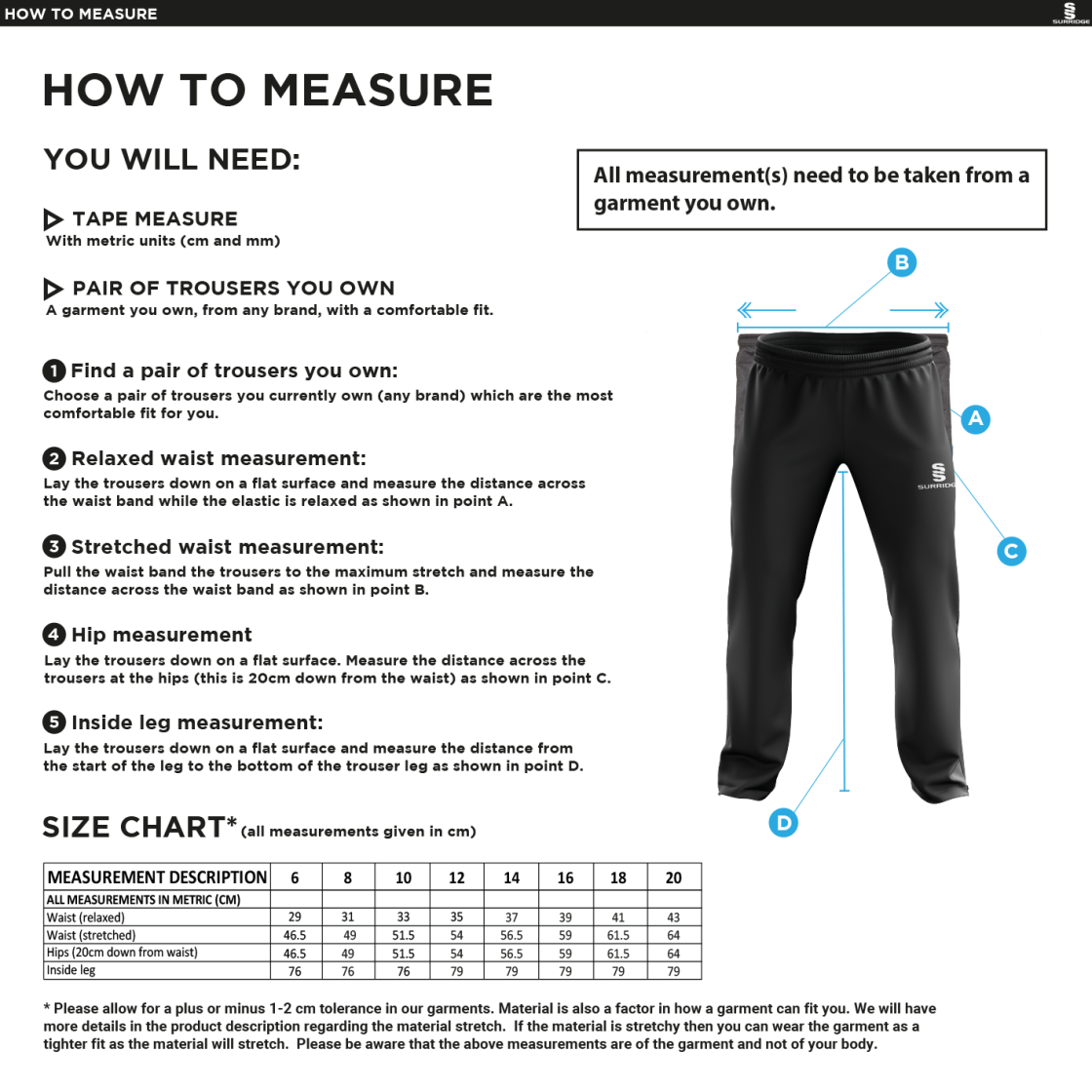 Cheadle Hulme CC - Rip Stop Track Pant - Women's Fit - Size Guide