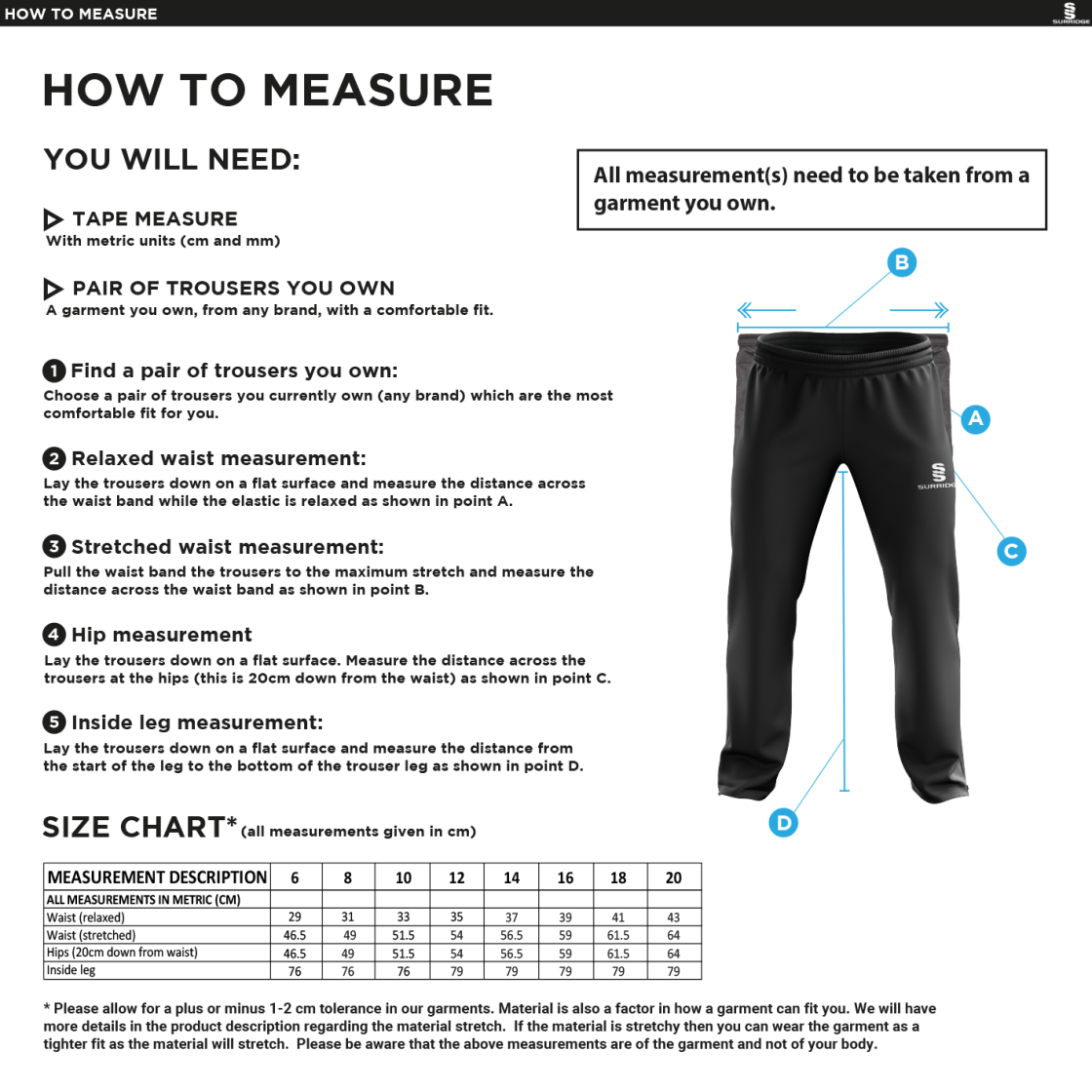 Cheadle Hulme CC - Poplin Track Pant - Women's - Size Guide