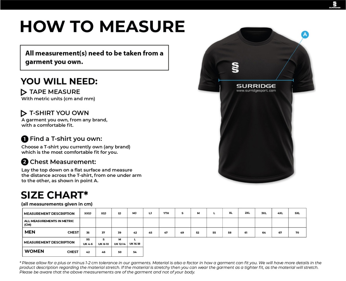 Cheadle Hulme CC - Short Sleeved Playing Shirt - Size Guide