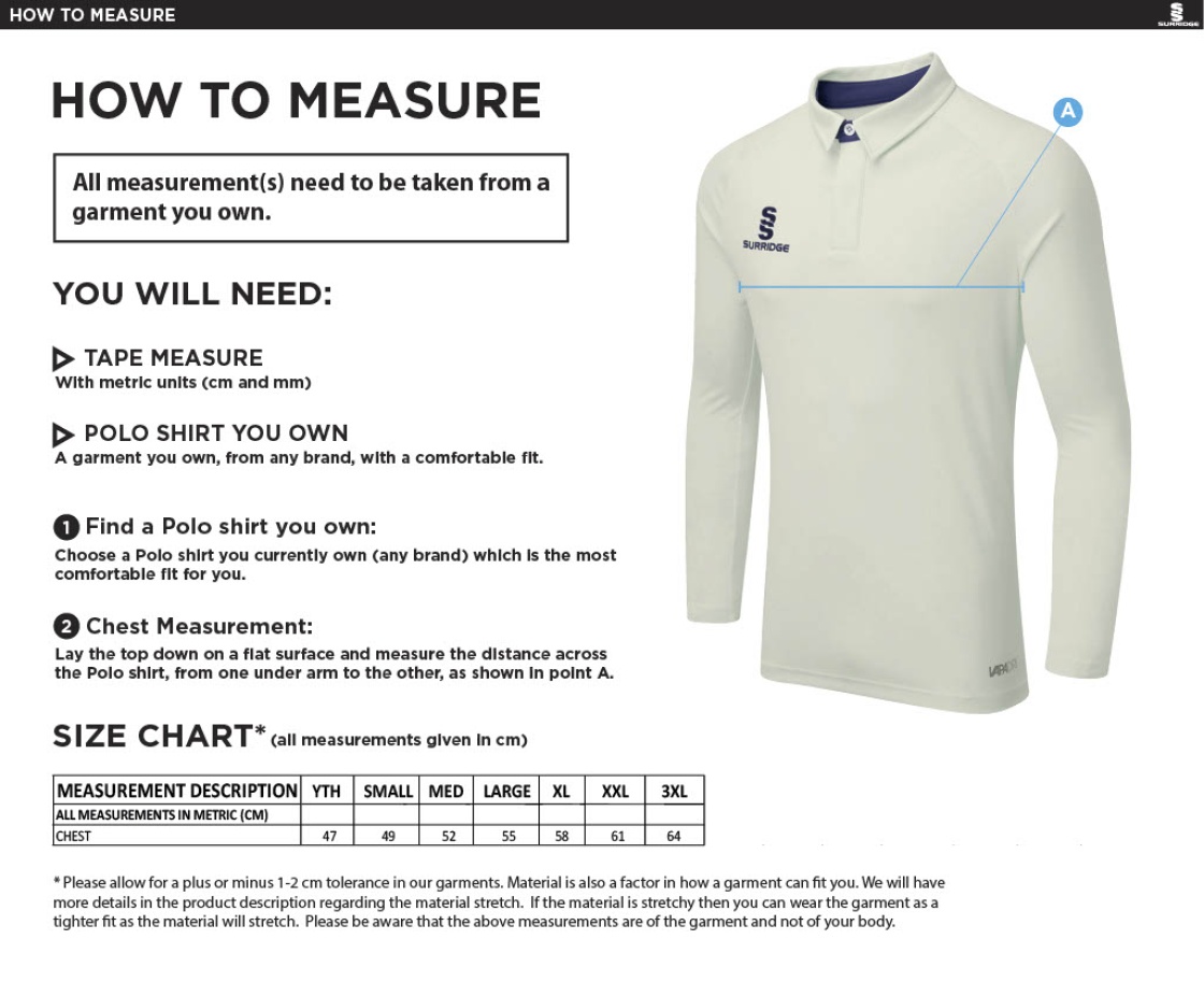 Cheadle Hulme CC - Dual Cricket Shirt Long Sleeve - Unisex Fit - Size Guide