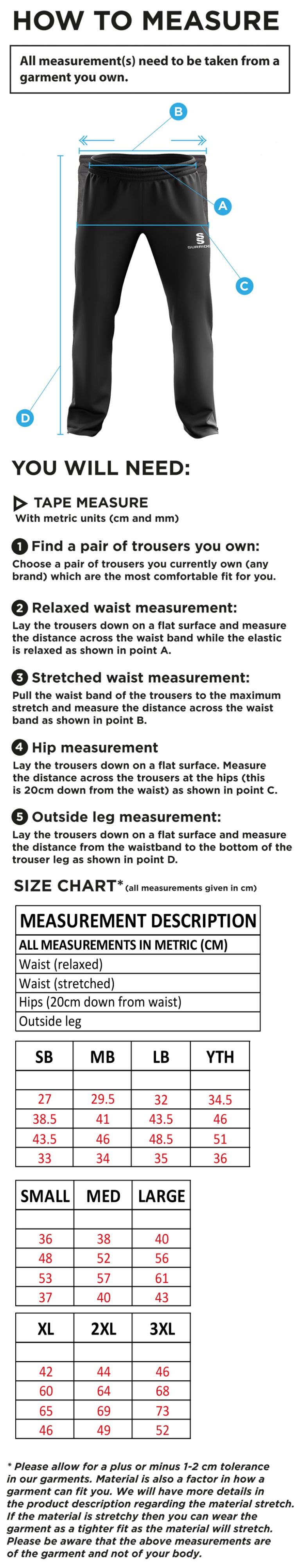 Cheadle Hulme CC - Rip Stop Track Pant - Unisex Fit - Size Guide