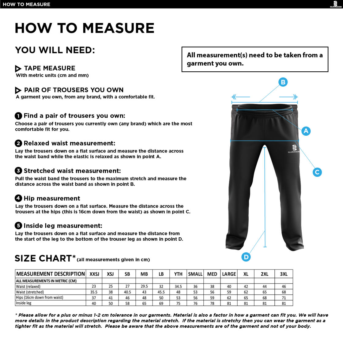 Cheadle Hulme CC - Poplin Track Pant - Men's - Size Guide