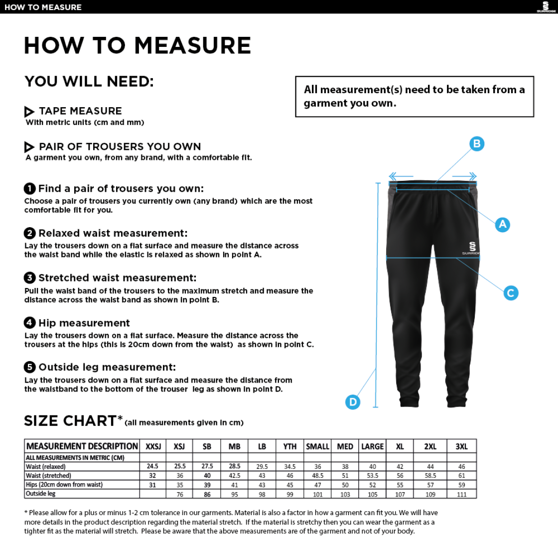 Cheadle Hulme CC - Tek Slim Training Pants - Unisex Fit - Size Guide