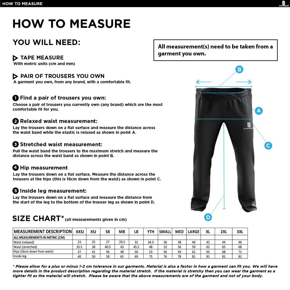 Cheadle Hulme CC - Classic Tracksuit Pant 3/4 Zip Length - Unisex Fit - Size Guide