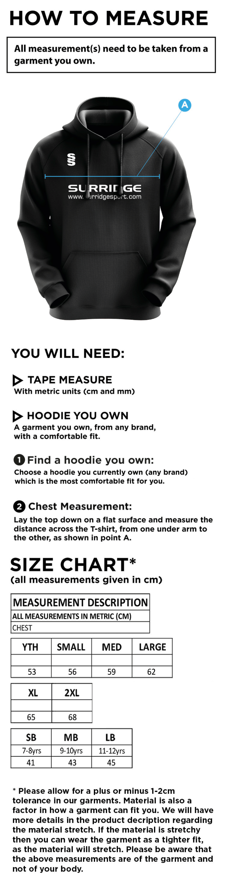 Cheadle Hulme CC - Blade Hoody - Unisex Fit - Size Guide