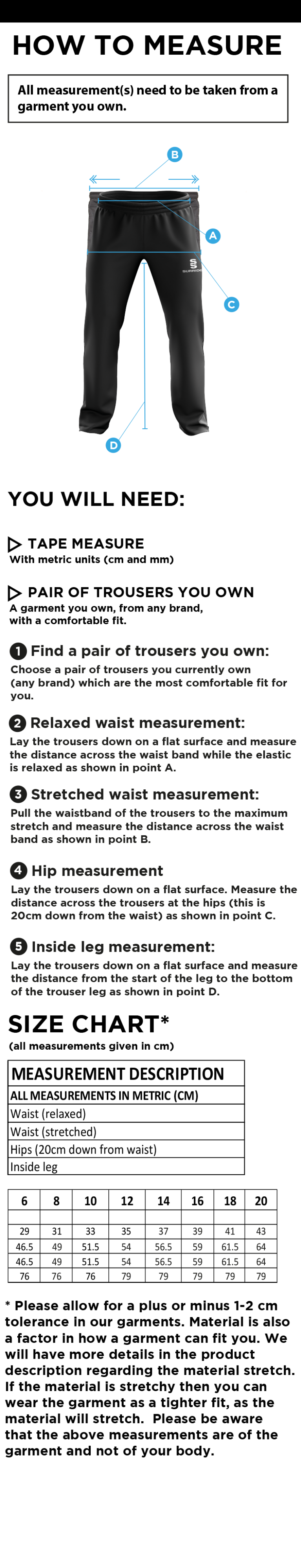 Cheadle Hulme CC - Poplin Track Pant - Women's Fit - Size Guide