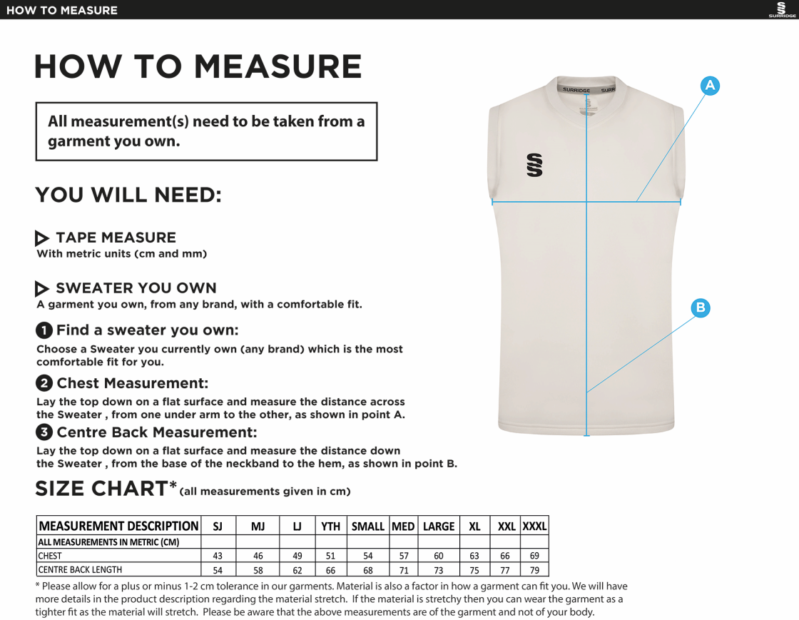Cheadle Hulme CC - Blast Sleeveless Sweater - Unisex Fit - Size Guide