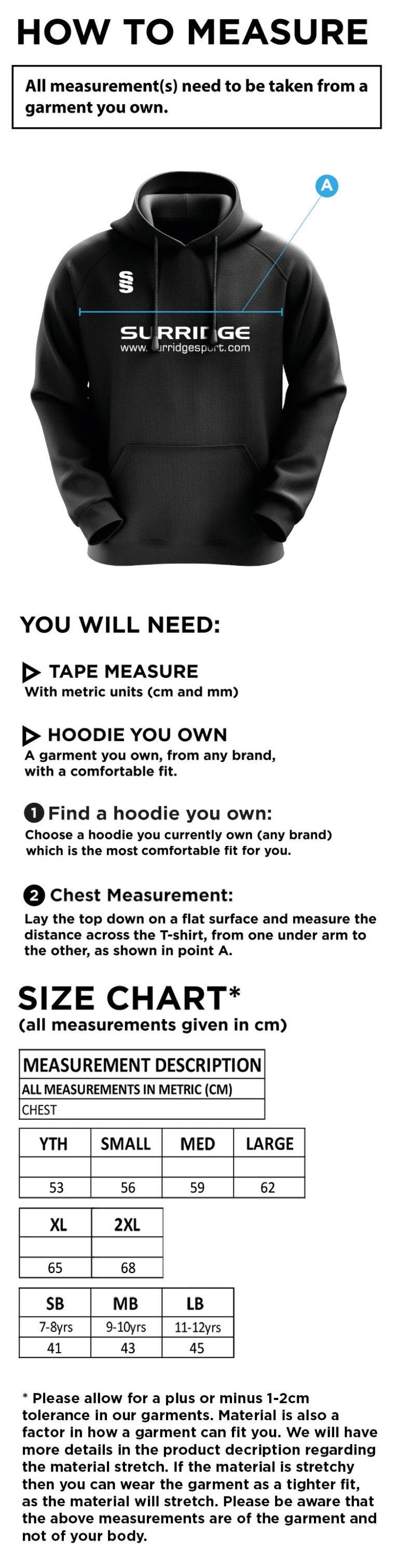 Cheadle Hulme CC - Blade Hoody - Size Guide