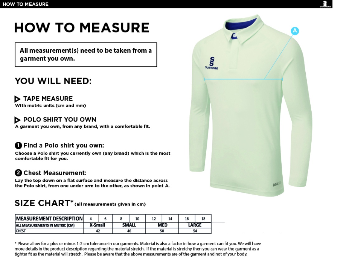 Cheadle Hulme CC - DUAL LONG SLEEVE CRICKET SHIRT - Women's - Size Guide