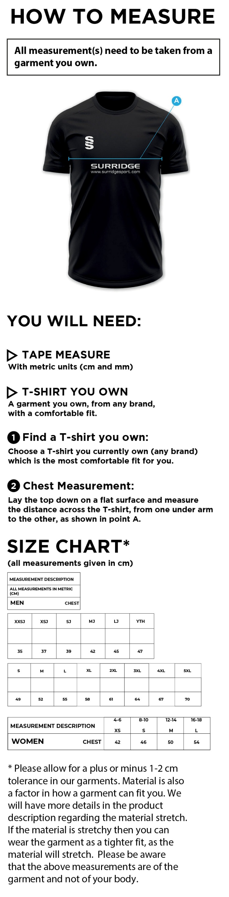 Cheadle Hulme CC - Short Sleeved Playing Shirt - Size Guide