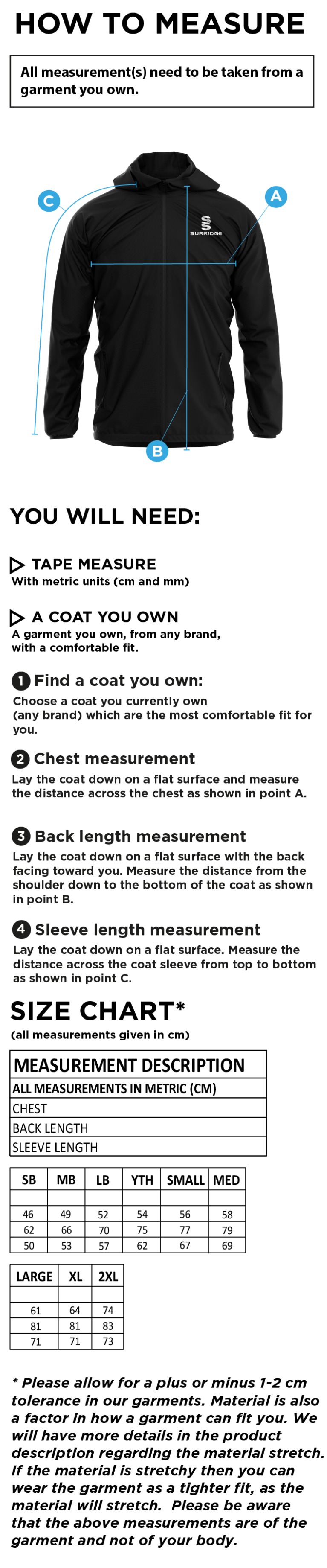 Cheadle Hulme CC - Dual Elite 1/4 Zip Hoody / Rain Jacket - Unisex Fit - Size Guide