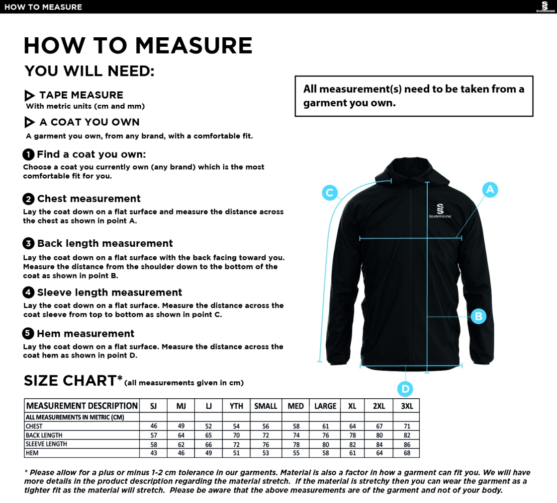 Cheadle Hulme CC - Dual Elite 1/4 Zip Hoody / Rain Jacket - Unisex Fit - Size Guide