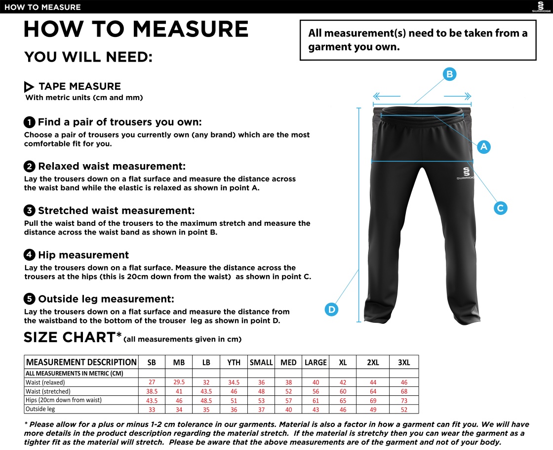 Cheadle Hulme CC - Rip Stop Track Pant - Unisex Fit - Size Guide